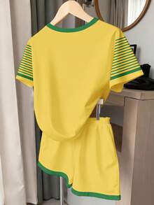 Summer Dopamine Brazilian Style Printed Short Sleeve Set, Casual Sports 2 Pieces, Yellow-Green Contrast Color Sports T-Shirt And Shorts - Black and White - View 3