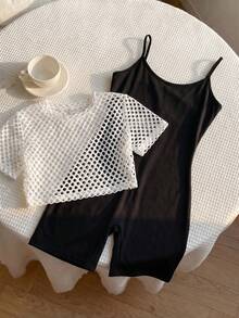 Tween Girls' Casual StreetStyle 2-Piece Set,White Mesh Cropped Top,Black Suspender Shorts,Spring/Summer Holiday,Travel,Commute,Cowboy,Cheer Outfit - Black and White - View 6