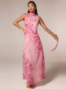 COSMINA Women's Elegant Floral Print Ruffle Hem Long Dress, Suitable For Spring, Vacation, Wedding Guest, Chinese Style Cheongsam Evening Dresses - Pink - View 5