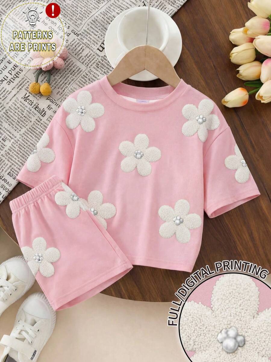 Souflis Souflis Bộ đồ thể thao thoải mái, thời trang tối giản, ngọt ngào in họa tiết hoa dành cho bé gái, gồm áo thun ngắn tay và quần short, thích hợp cho các hoạt động mùa xuân/hè, dạo chơi, nghỉ mát. - Nhiều màu - Xem 1