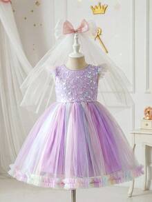 SHEIN Glamorique Kids Prinzessinnenkleid für Kleine Mädchen, flatternde Ärmel, buntes Tüllkleid - Violett - Übersicht 3