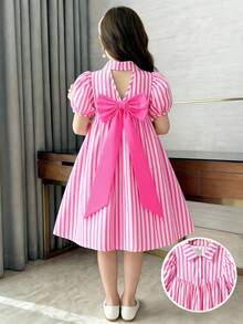 Girls' Short-Sleeved Pink And White Striped Summer Cute Birthday Dress,V-Neckline Ruched Puff Sleeves Lining Casual Parties Formal Events - Pink - View 1