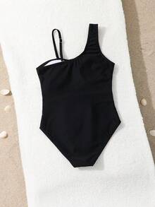 SHEIN 青少年女孩连体泳衣，可爱镂空度假连体泳衣 - 黑色 - 查看 2