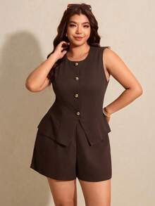 Elaquor Bộ vest và quần short màu trơn cài khuy đơn dành cho nữ cỡ lớn. - Cà phê nâu - Xem 6