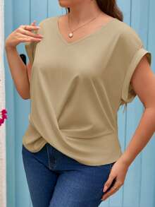 SHEIN Frenchy Áo sơ mi nữ cỡ lớn tay ngắn cổ chữ V màu xanh lá cây, vạt áo thắt nút xoắn, tay cánh dơi. - Màu Khaki - Xem 3