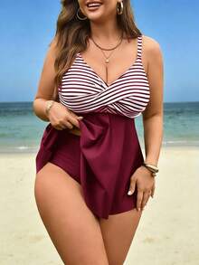 Swim Lushoire Bộ bikini 2 mảnh cỡ lớn dành cho nữ, họa tiết kẻ sọc, gồm áo croptop hai dây và quần bikini cạp cao, thích hợp cho kỳ nghỉ hè ở bãi biển. - Màu Đỏ Sâu - Xem 6