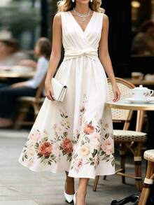 Franclia Elegant Casual Romantic Pink Floral Print High-Waisted A-Line Dress Women's Summer 70s Style Sleeveless Party Mother Of The Bride Bachelorette Wedding - Apricot - View 3