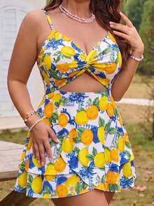 SHEIN Swim Curve 2 pièces Grande taille Femme imprimé citron fruit en deux pièces avec dos nageur, taille fendue et coupe asymétrique. Tankini et robe décontracté mignonne pour les vacances d'été - Multicolore - Voir 6