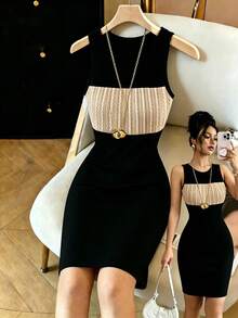 Airaco Đầm nữ mùa hè ôm sát, gợi cảm, phối họa tiết, không tay. - Màu be - Xem 2