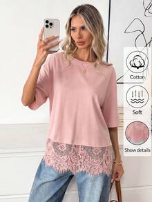 Easowa Áo thun nữ tay ngắn màu đen, cổ tròn, viền ren, dáng rộng. - Màu Hồng  Dưa hấu - Xem 3