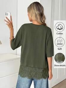 Easowa Black Short Sleeve Round Neck Lace Hem Loose T-Shirt For Women,Summer Top - Army Green - View 5