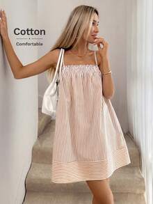 Easowa Frill Trim Ruched Umbrella Skirt Sundress Doll Dress Spaghetti Strap Casual Loose Elegant Commuter Vintage Style Holiday Spring Summer Women Short Dress,Summer Dresses For Women - Apricot - View 5