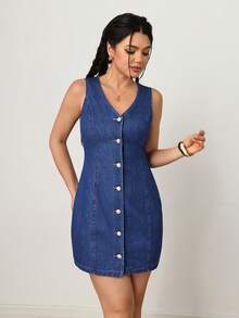 SHEIN PETITE Đầm denim nữ mùa hè kiểu dáng thường ngày, cổ chữ V, không tay, cài cúc phía trước. - Rửa tối - Xem 3