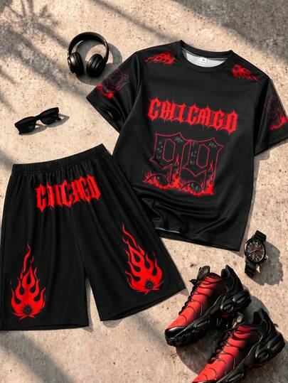 2pcs/Set Tween Boys' Spring/Summer Short Sleeve T-Shirt And Shorts, Street Style Graphic Print Coordinating Outfit, Casual Sports Streetwear