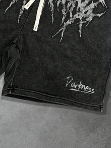 Manfinity EMRG 男士黑色做旧水洗两件套，哥特街头风T恤和短裤，复古金属字体印花，适合夏季音乐节、派对和休闲穿着 - 彩色 - 查看 3