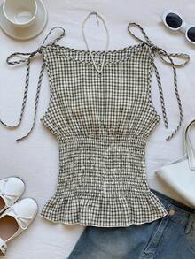 Comfortcana Áo tank top dệt kim không tay, kiểu dáng thường ngày, họa tiết kẻ caro, cạp chun, dành cho nữ, mùa hè. - Màu Khaki - Xem 6