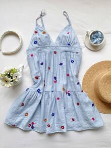 Comfortcana Gaun Mini Tanpa Punggung dengan Bordir Bunga dan Renda Kontras untuk Liburan Pantai Musim Panas Wanita - Baby Blue - View 5