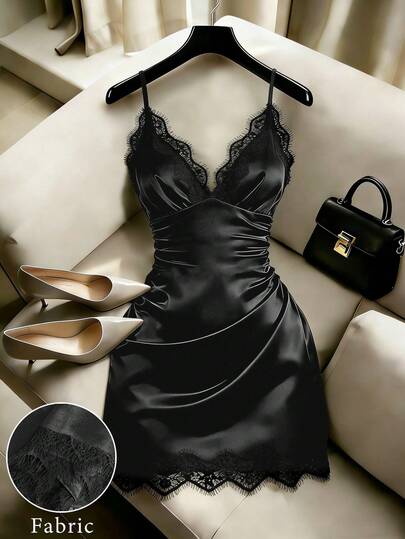 SHEIN Franclia Vestido de mujer de unicolor elegante con ribete de encaje, tirantes finos de lujo, con diseño sexy de volantes, escote bajo y cierre en la cintura