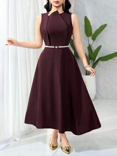 Feyla Đầm công sở cỡ lớn, màu trơn, không tay, vạt bất đối xứng, thanh lịch, thích hợp cho mùa hè.