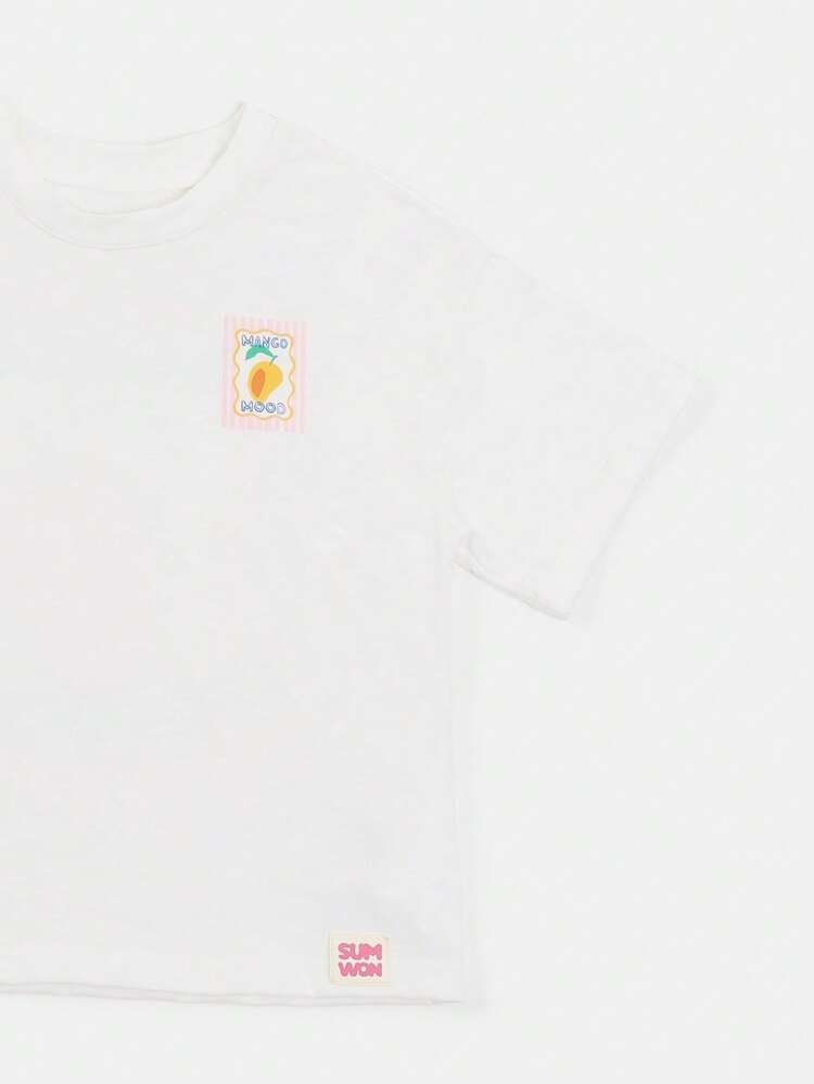 Camiseta de Manga Curta com Gola Careca, Estampa Gráfica de Manga e Listras Rosas, Casual de Verão