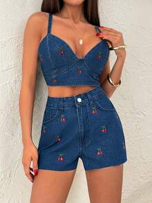 SHEIN Women Cherry Embroidered Cami Top & Short Denim Two Pieces Set - Medium Wash - View 5