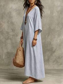 SHEIN Holidaya 女士休闲优雅条纹亚麻棉连衣裙，适合度假穿着 - 藍白色 - 查看 3