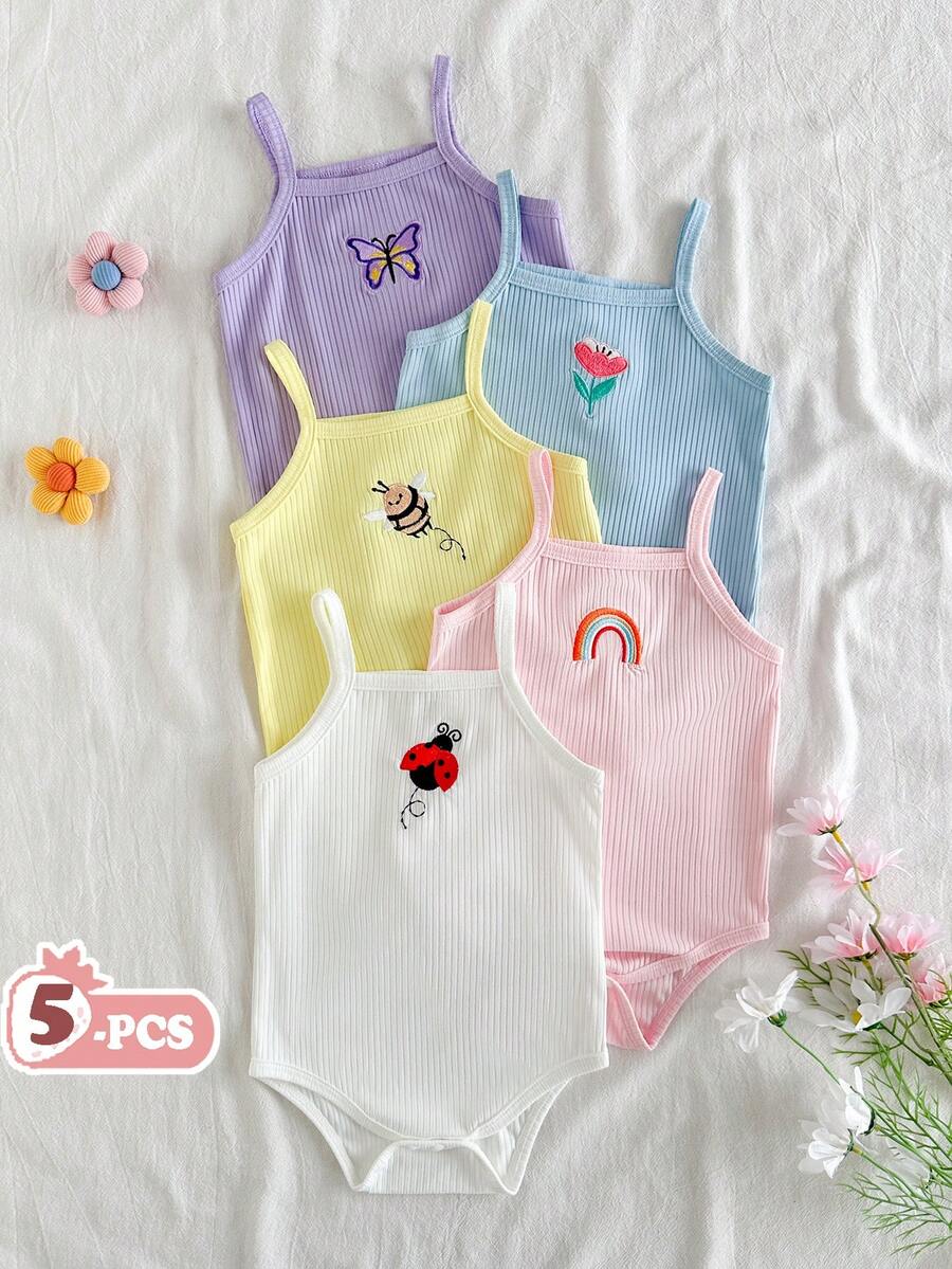 SHEIN Vintaside Kids 5件套女婴幼儿0-3岁休闲日常百搭田园风精致刺绣图案连体衣套装,多色可选 - 彩色 - 查看 1