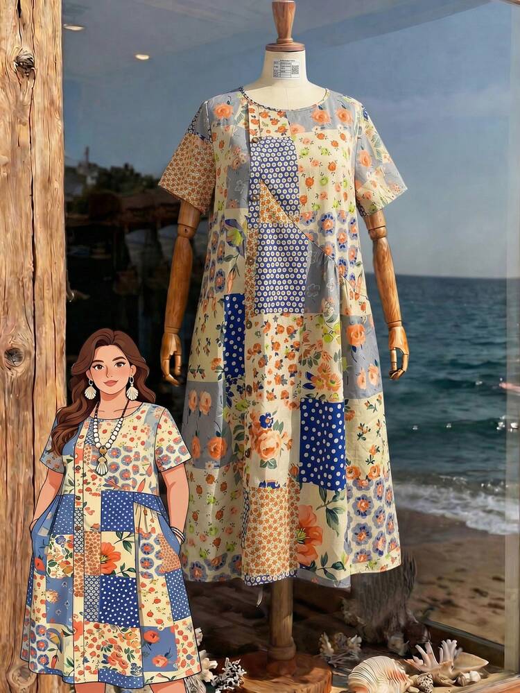Plus Size Women Casual All-Over Print Round Neck Dress, Suitable For Gathering And Outing Summer Dress Summer Outfits For Women Spring Clothing Spring Outfit Beach Outfits For Women Vacation Outfits Women Summer Holiday Outfits Country Style For Women Festival Outfits For Women Casual Dresses For Women Country Dress Mothers Day Outfit
