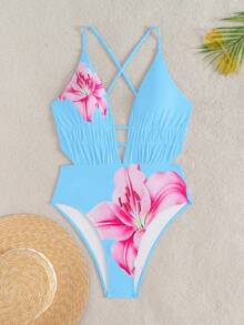 Swim SXY Springbreak Swim Vcay 女士性感深V露背交叉绑带连体泳衣，度假印花 - 藍色 - 查看 3