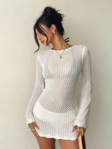 SHEIN Đầm dệt kim trắng INS Viral, tay dài, cổ tay loe, lưng hở, buộc dây, kiểu dáng gợi cảm. - trắng - Xem 6