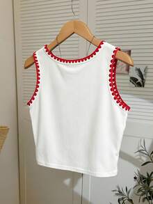 Resyla Chili Pepper Embroidery Design Women Tank Top, Fashion Shell Trim Camisole - White - View 2