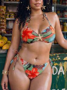 Slaydiva Plus Size Women's Printed 2pcs Halter Tie-Up Triangle Bikini Set, Vacation Beach Summer Sexy - Multicolor - View 5