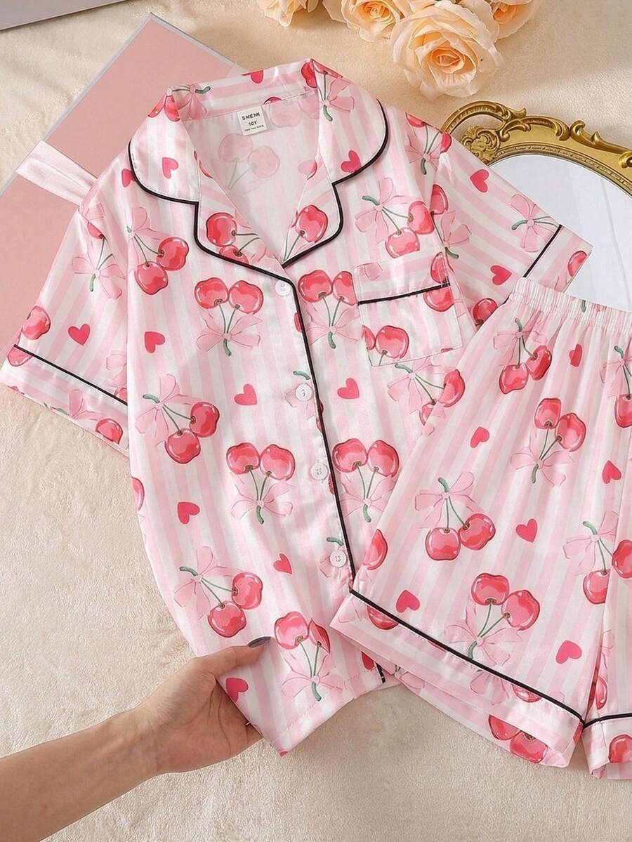 Set Piyama 2 Potong untuk Anak Perempuan Remaja, Motif Ceri Merah Muda dan Merah yang Lucu, Bahan Sutra Imitasi Satin, Kancing Depan, Pakaian Tidur Rumahan, Lembut - Berwarna merah muda - View 1