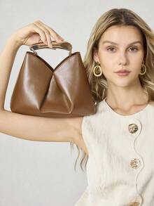LADIES HANDBAG, EXQUISITE METAL HAND-HELD, SIMPLE COMMUTING VERSATILE - Brown - View 7