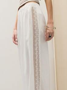 Popelin Pants With Lace Trimming Detail - White - View 6