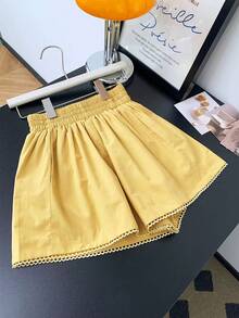 SHEIN Holidaya 女款馬卡龍色寬腿短褲 夏季六月節慶戶外高爾夫海灘度假假日出遊居家休閒女孩風 寬鬆蕾絲拼接 - 黃色 - 查看 7