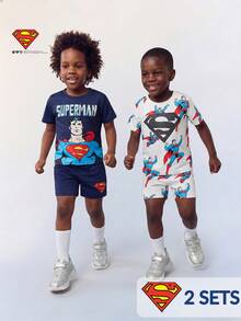 Maija Kids SUPERMAN X SHEIN Maija Kids 4pcs/Set Young Boy Superhero Pattern Knit Soft Round Neck Short Sleeve Top And Elastic Waist Shorts Set - Blue - View 2