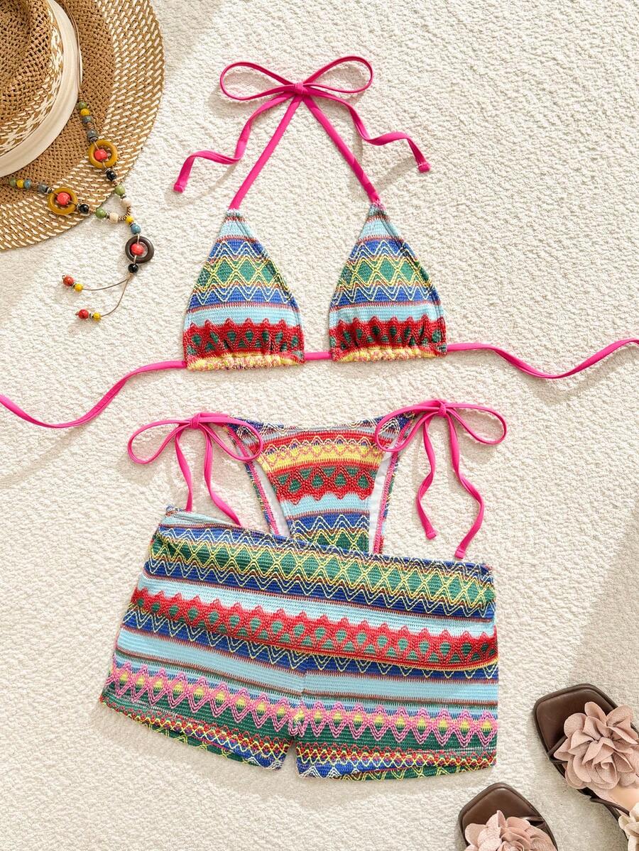 SHEIN Swim 夏季新款复古纹理面料沙滩性感露背系带高衩三角杯短裤浪漫假日比基尼泳装套装(女士款) - 彩色 - 查看 1