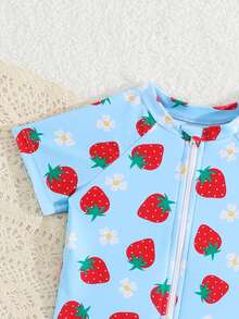 Baby Girl Strawberry Print Zipper Design Raglan Sleeve Romper Shorts Beach Swimsuit - Blue - View 4