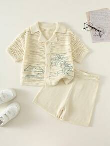 Bộ đồ đôi cho bé trai gồm áo khoác cardigan cổ polo và quần short họa tiết cây cọ, kiểu dáng thường ngày, thích hợp cho kỳ nghỉ. - Nhiều màu - Xem 8