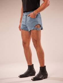 FeverCity Quần short denim nam mùa hè, phong cách thường ngày, thời trang đường phố, rách tua rua, có chi tiết khóa cài. - Màu xanh lam - Xem 5