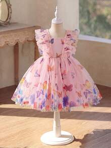SHEIN Glamorique Kids Đầm công chúa cho bé gái, họa tiết bướm hồng, tay loe, đầm lưới hồng, dễ thương, thích hợp đi nghỉ mát, đầm mùa hè. - Hồng - Xem 6
