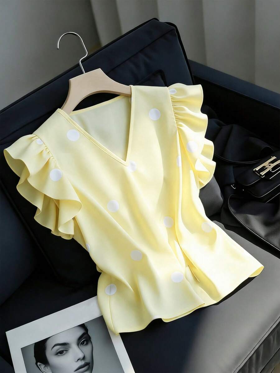Franclia 女士休闲百搭荷叶边喇叭袖白色衬衫,V领套头衫,波点衬衫,波点印花上衣,短袖衬衫,印花背心,夏季度假装 - 淡黃色 - 查看 1