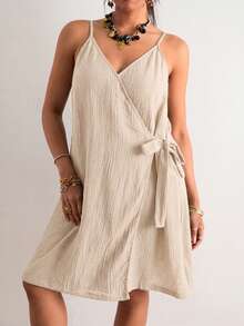 SHEIN VCAY Plus Size Casual Solid Color Drawstring Wrap Cami Dress, Beach Dress, Holiday Outfit, Bohemian Style - Apricot - View 7
