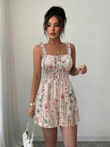 Elenzga Bộ jumpsuit nữ màu mơ nhạt, họa tiết nhiều màu, viền bèo nhún, dây mảnh, cổ vuông, thắt eo, thanh lịch và tinh tế, phù hợp cho Ngày Valentine, Lễ Phục Sinh, Ngày Lao động, Sinh nhật, Hẹn hò, Tiệc tùng, Các dịp trang trọng, trang phục giáo viên, du lịch, mùa xuân và mùa hè. - Hồng - Xem 4