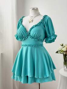 Flirla Plus Size V-Neck Ruffle Patchwork Waist Jumpsuit, Suitable For Summer - Mint Green - View 7