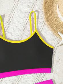 SHEIN Casual Backless Floral Cutout Design Tween Girls Camisole Bikini Top - Black - View 4