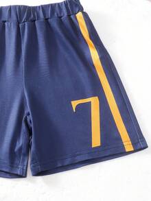 2pcs Baby Boys' Sports Navy Blue T-Shirt And Shorts Set,Summer Casual Holiday Fashionable Colorblock Jersey #10 Print Soft Fabric Outings Clothes - Multicolor - View 6