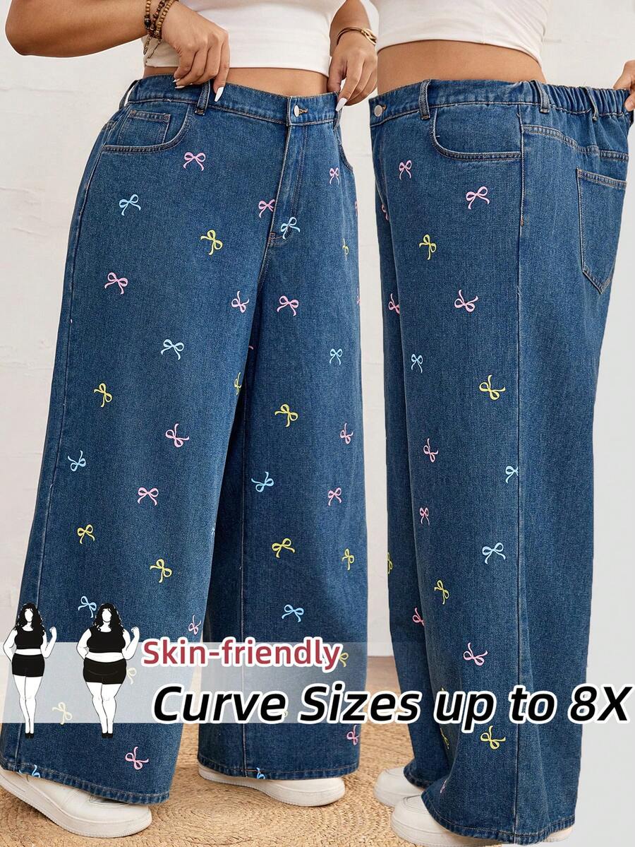 SHEIN CURVE+ Plus Size Women Bow Decor Pocket Wide Leg Loose Casual Jeans Summer Outfits For Women Festival Outfits For Women Mothers Day Outfit Holiday Outfits For Women Casual Jeans For Women Work Outfits For Women - Dark Wash - View 1