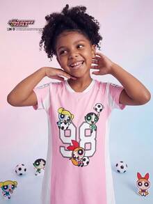 THE POWERPUFF GIRLS X SHEIN Maija Kids 女童V领短袖撞色运动数字印花连衣裙联名系列，春夏款 - 粉色 - 查看 4
